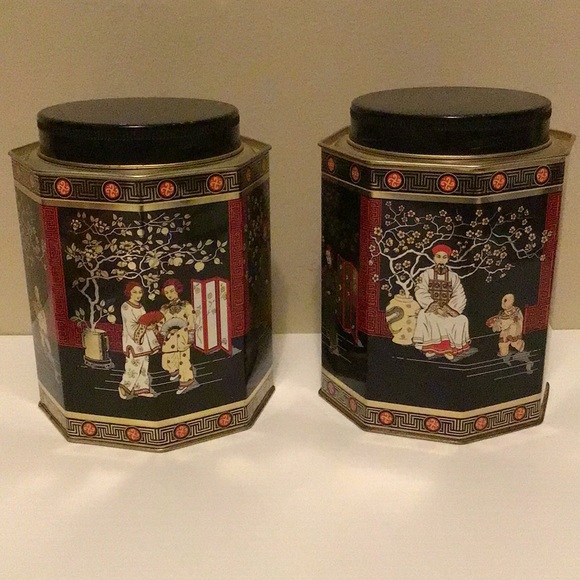 Vintage asian tea cannisters retro decor collectible black gold red authentic - Picture 4 of 9